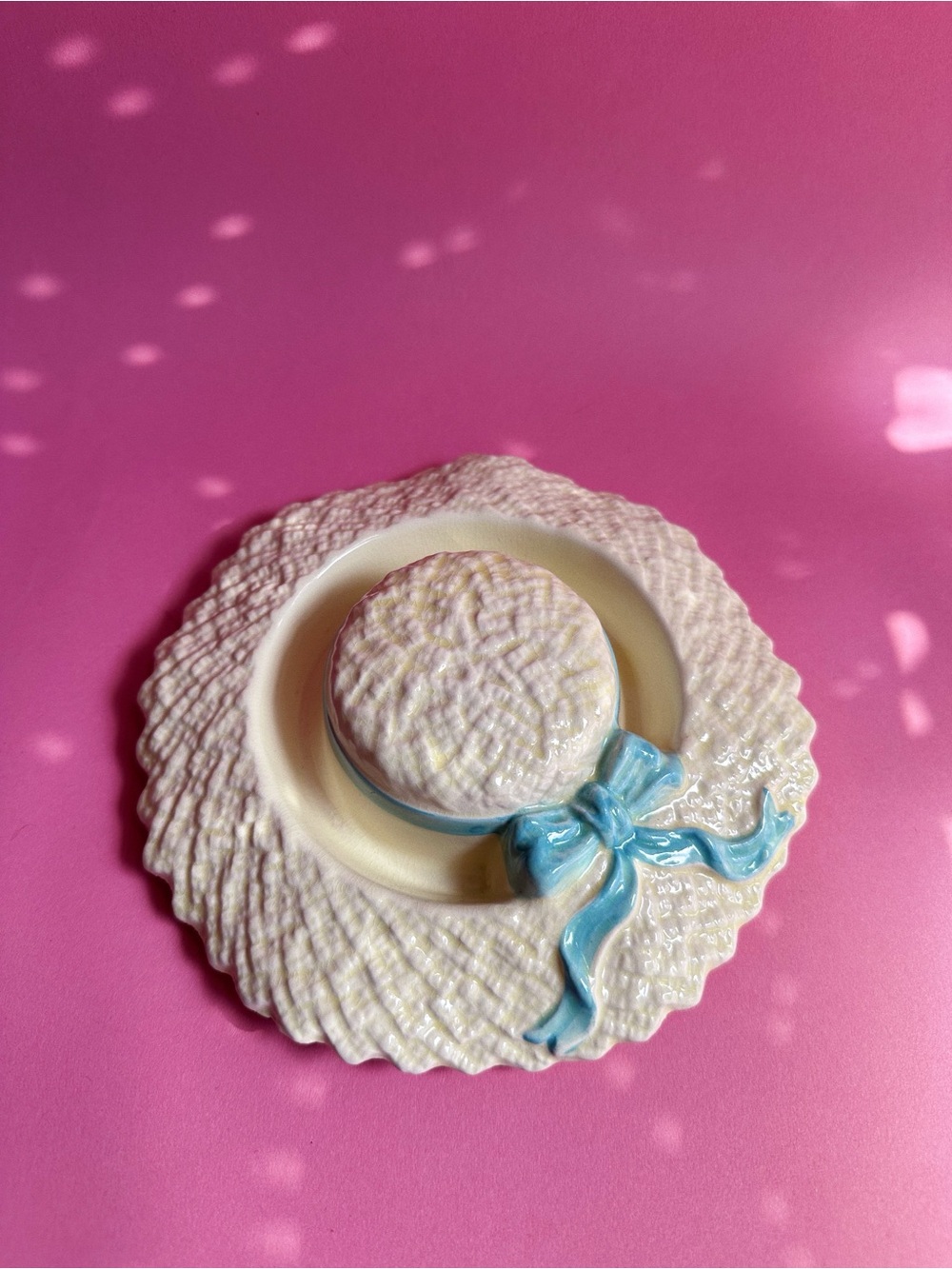 Vintage Ceramic Sun Hat Ring Holder / Ashtray? in Cream with Blue Bow